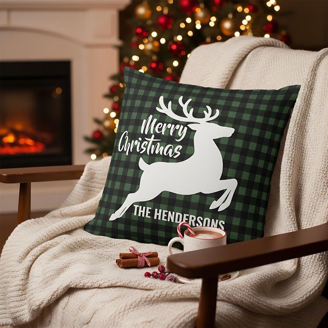 Coussin Cerf de Joyeux Noël Plaid Vert & Noir Nom (Créateur téléchargé)