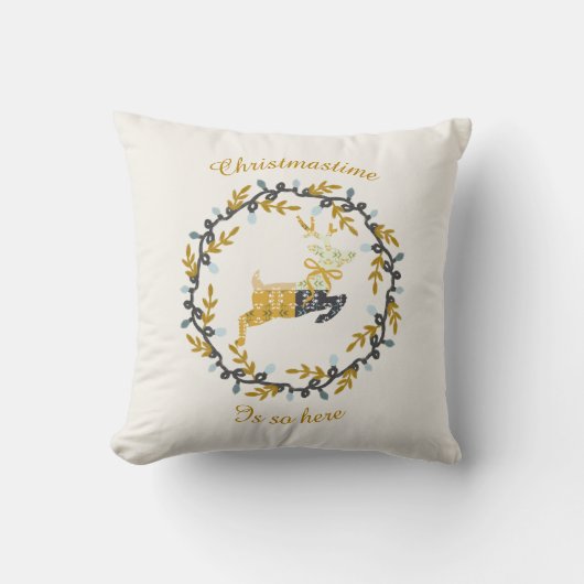 Coussin Cerf de Noël avec Couronne Crème Jaune (Recto)