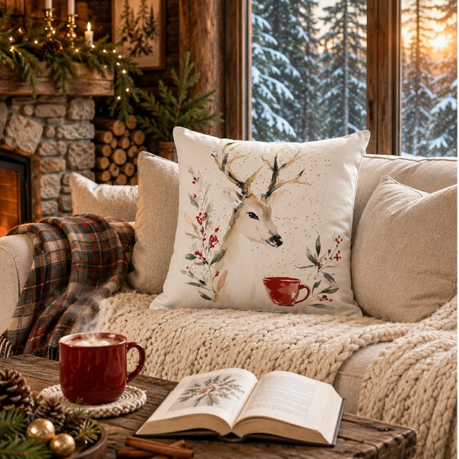 Coussin Cerf de Noël de la forêt de bois aquarelle (Créateur téléchargé)