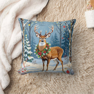 Coussin Cerf de Noël en forêt d'hiver festive