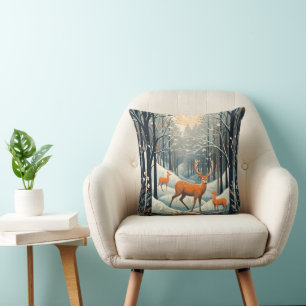 Coussin Cerf de Noël hivernal de style Gouache vintage