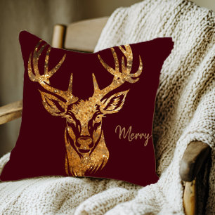 Coussin Cerf/ Joyeux/ Parties scintillant d'or/ Bourgogne