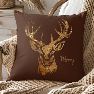 Coussin Cerf/ Joyeux/ Parties scintillant d'or/ Terracotta