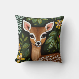 Coussin Cerf mignon avec Feuilles et fleurs
