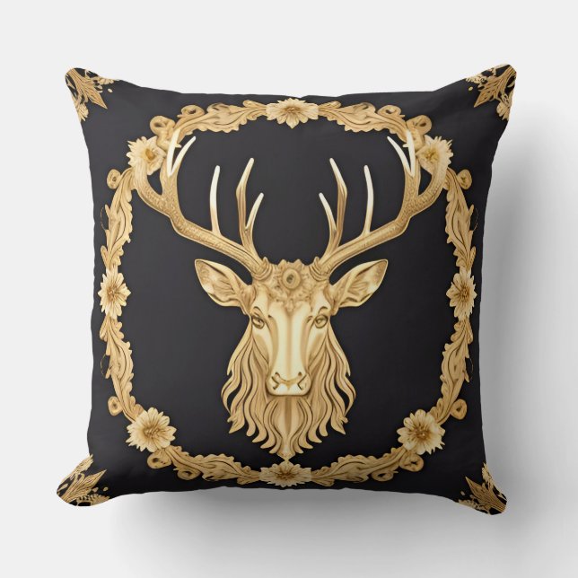 Coussin Cerf Ornemental Doré Design (Recto)