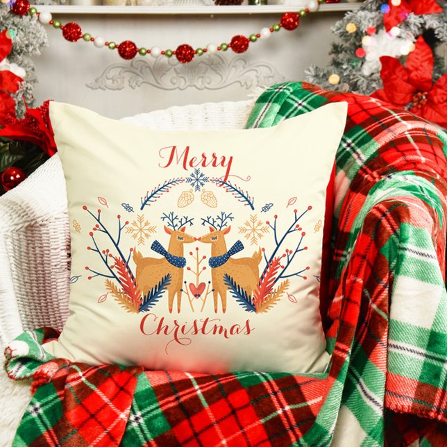 Coussin Cerf scandinave Nordic Merry Design de Noël (Scandinavian Folk Woodland Deer Throw Pillow - Cream)