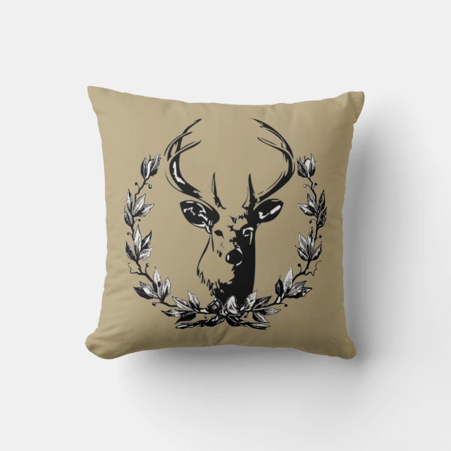 Coussin Cerf Vintage et Rustique dans des Feuilles de Laur (Recto)