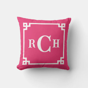 Coussin Cerise rose inverse Chinoiserie grecque clé Monogr