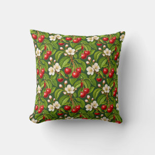 Coussin Cerises rouges botaniques et fleurs blanches