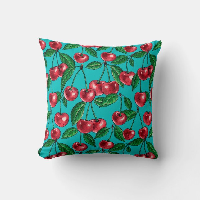 Coussin Cerises rouges sur turquoise (Recto)