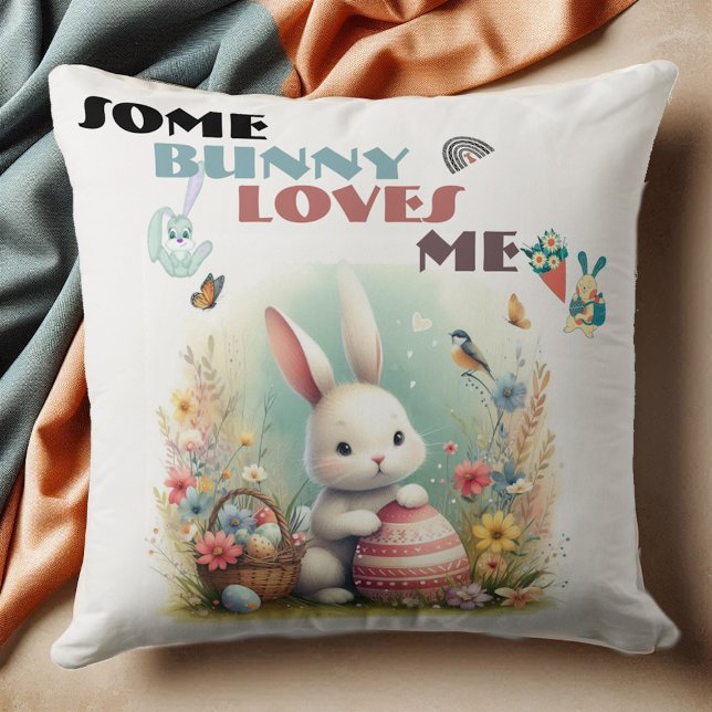 Coussin Certains Bunny M'Aime Floral Oeufs De Pâques Panie (Some Bunny Loves Me Floral Easter Eggs Basket Cute Throw Pillow)