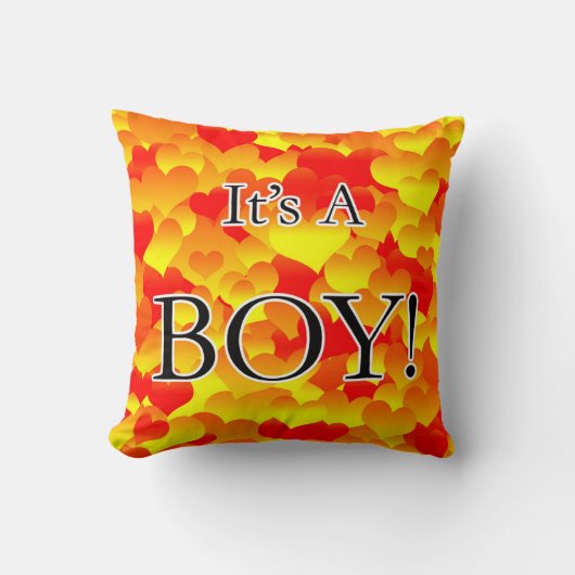 Coussin C'est un garçon ! Coeurs rouge et jaune (Recto)