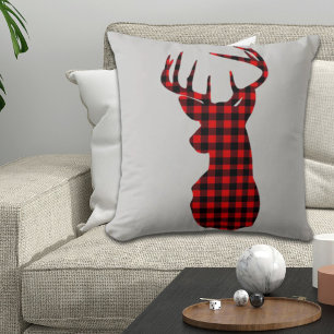 Coussin chalet de campagne cerf de Noël plaid rouge buffle