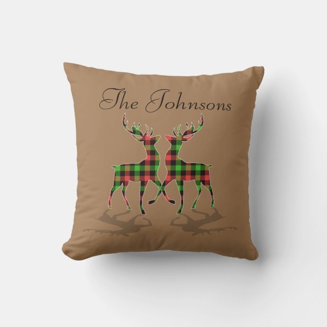 Coussin Chalet de Noël Rustique Cerf Carreaux  (Recto)