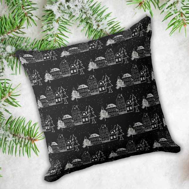 Coussin Chalk noir et blanc Snowy Town (Créateur téléchargé)