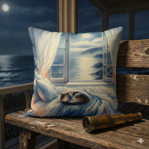 Coussin Chambre côtière au clair de lune avec chat endormi