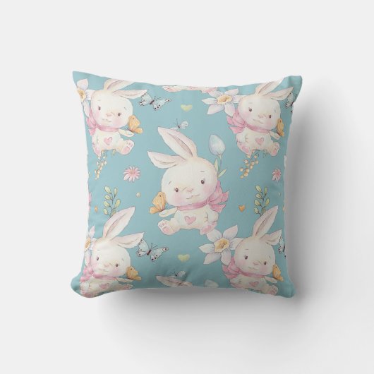 Coussin Chambre de bébé Lapin Blanc et Papillons (Recto)