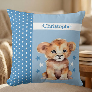 Coussin Chambre d'enfant ajoutez un nom lion mignon bleu