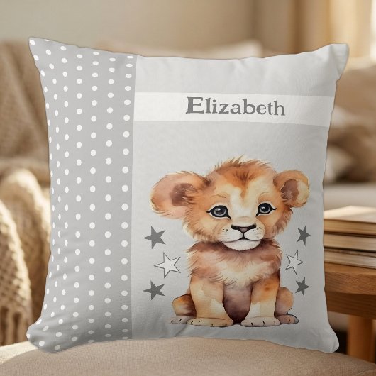 Coussin Chambre d'enfant ajoutez un nom lion mignon gris
