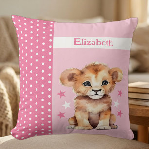 Coussin Chambre d'enfant ajoutez un nom lion mignon rose