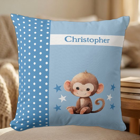 Coussin Chambre d'enfant ajoutez un nom singe mignon bleu