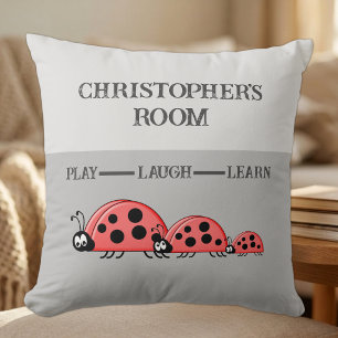 Coussin Chambre d'enfant coccinelles nom personnalisé gris