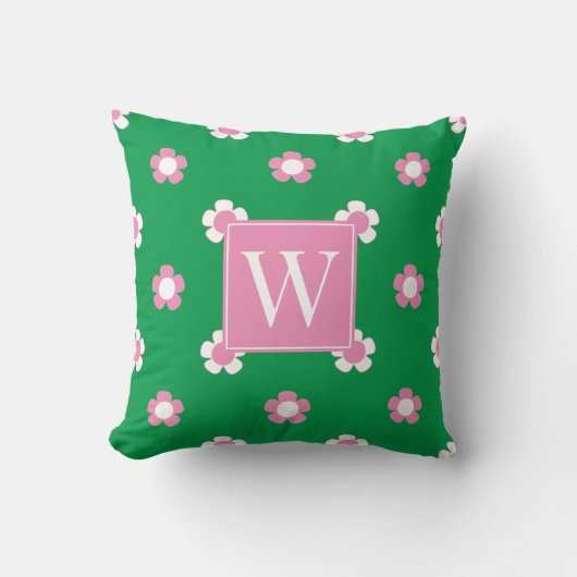 Coussin Champ de marguerites preppy – Monogramme rose et v (Recto)