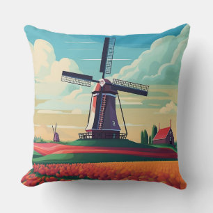 Coussin Champ de tulipes des Pays-Bas Moulin à vent Drapea
