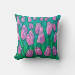 Coussin Champ de tulipes roses, Fleurs de printemps peintu