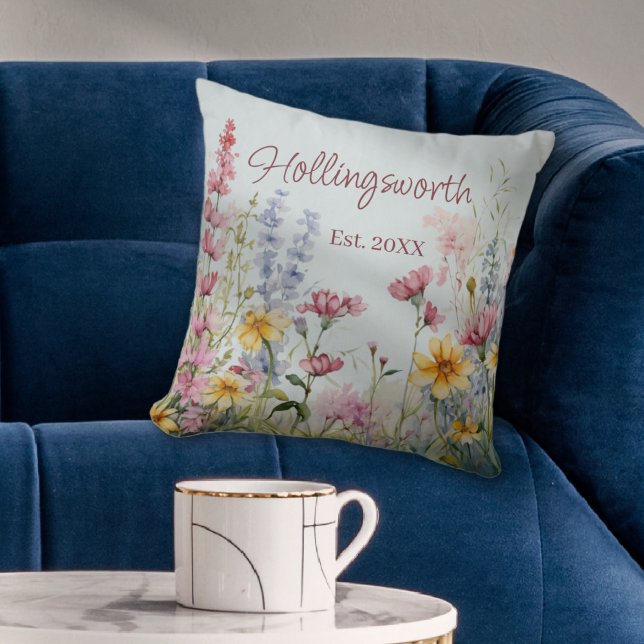 Coussin Champ Fleur sauvage aquarelle personnalisé (Personalized Watercolor Wildflower Field Throw Pillow
)