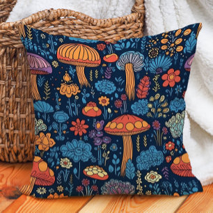 Coussin Champignons bleus orange Botanique vintage