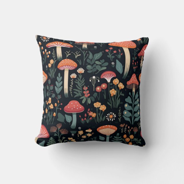 Coussin Champignons et feuillage sur Arrière - plan noir (Recto)
