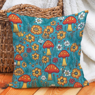 Coussin Champignons Rétro Années 70 Rouge Jaune Turquoise