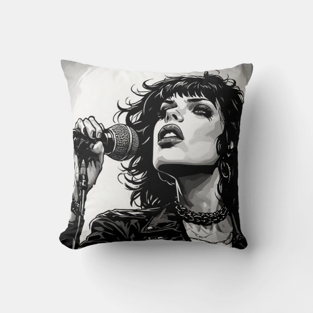 Coussin Chanteuse goth punk fille graphique rétro BD noir  (Recto)