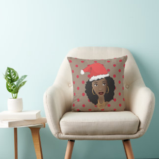 Coussin Chapeau de Noël, Femme noire, Points rouges, Brown