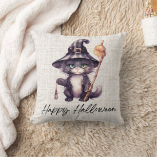 Coussin Chapeau de Sorcière Chat Noir Toile de Jute Joyeux