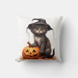 Coussin Chapeau de sorcière de chat noir mignon Citrouille