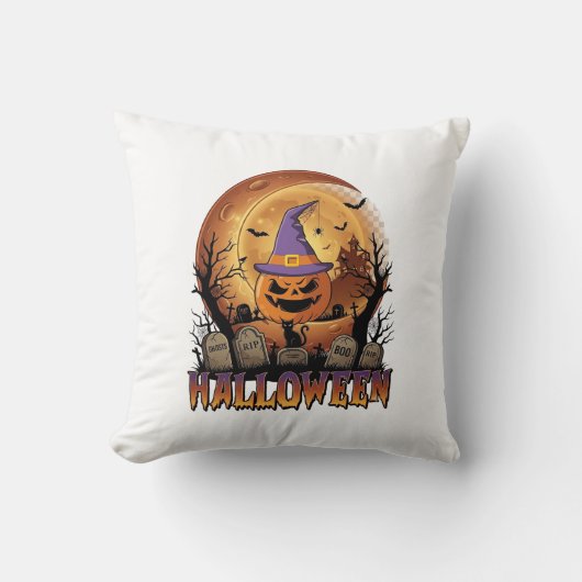 Coussin Chapeau de sorcière de citrouille d'Halloween Chat (Recto)