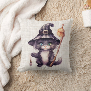 Coussin Chapeau de Sorcières Chat Noir Toile de Jute Hallo