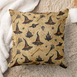 Coussin Chapeaux de sorcière vintage et balais Halloween P
