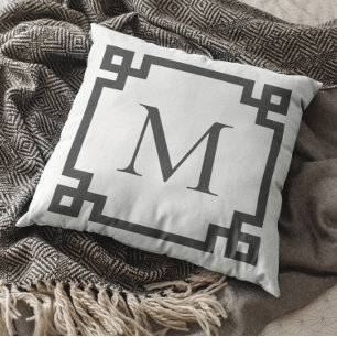 Coussin Charbon Monogramme Grèce Key Bordure Blanc