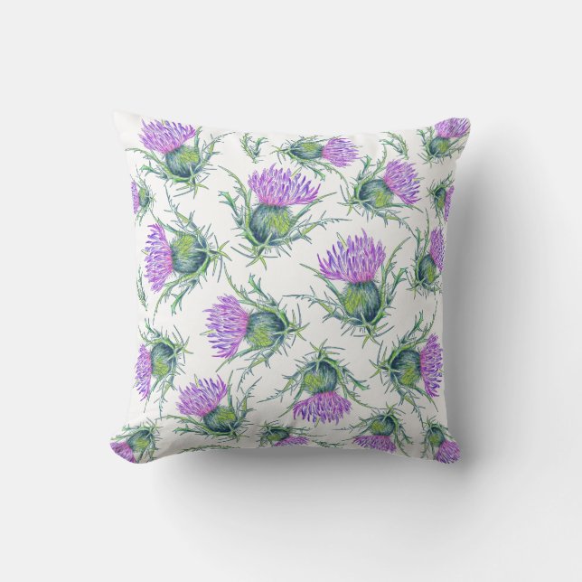 Coussin Chardon écossais - aquarelle de fleurs violettes (Recto)