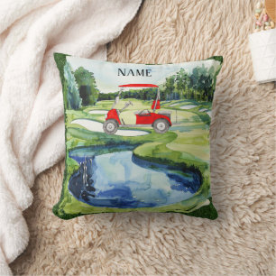 Coussin Chariot rouge golf sur terrain de golf aquarelle