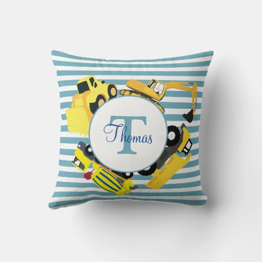 Coussin Chariots de construction Bleu rayures Monogramme (Verso)