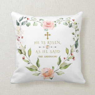 Coussin Charm Rose Blush Coeur Floral Il Est Ressuscité Pâ