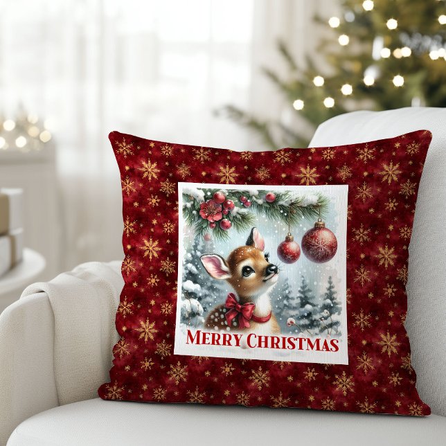 Coussin Charmant bébé faon scène festive d'hiver Noël  (Charming baby fawn festive winter scene Christmas pillow)