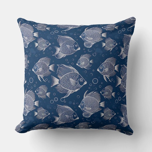 Coussin Charme marin Bleu de marine avec poisson blanc (Recto)