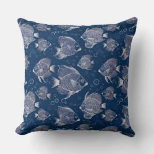 Coussin Charme Nautique Bleu Marine avec Poissons Blancs