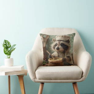 Coussin Charming and Cute Raccoon Chef Stirring a Bowl