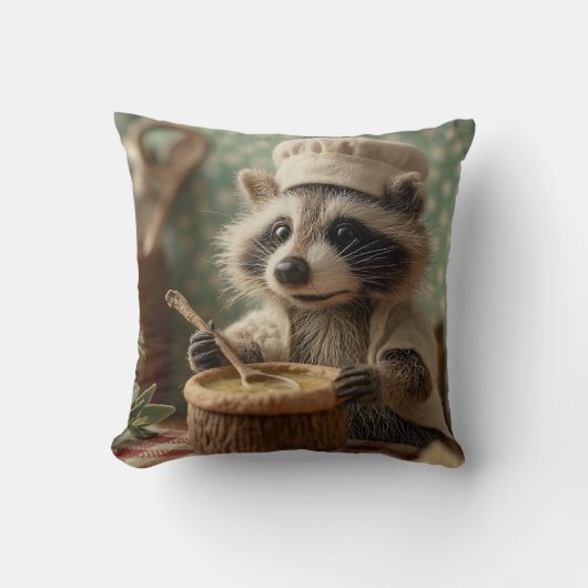 Coussin Charming and Cute Raccoon Chef Stirring a Bowl (Recto)